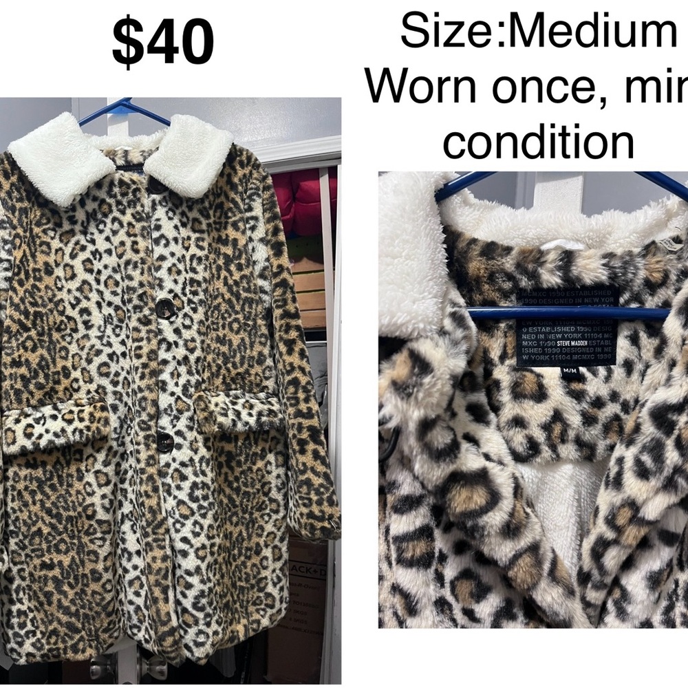Leopard Print Faux Fur Coat with White Collar